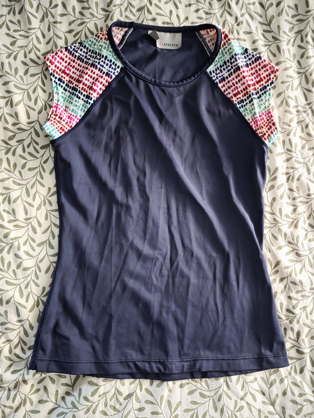 Athleta Navy Swim Top with Multicolor Printed Shoulders